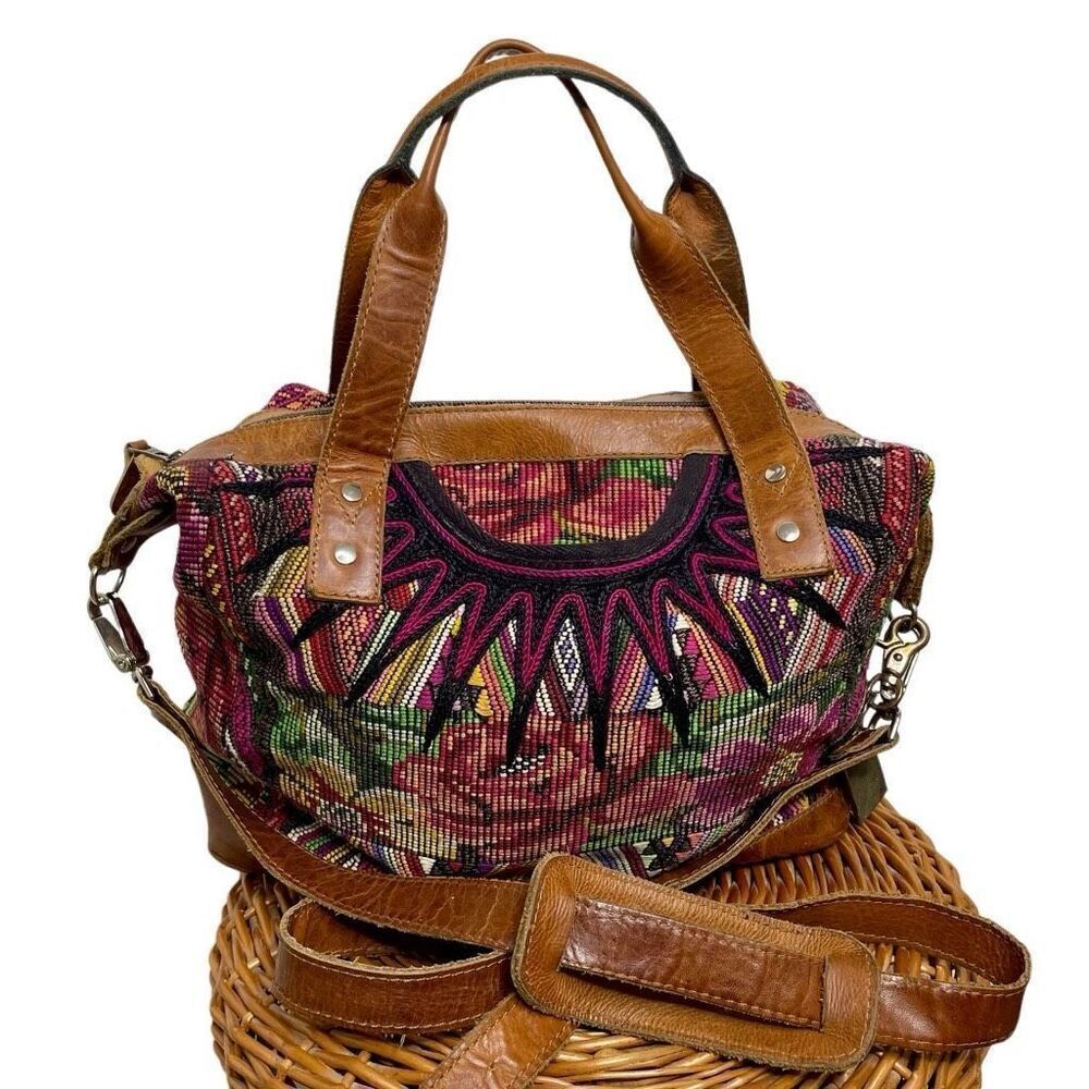 Nena & Co OOAC Weekender Bag Leather /Textile Purse Slouch Tote Travel Guatemala